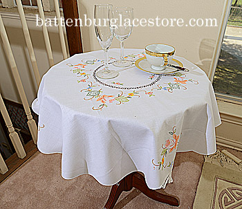 Tablecloth Round Topper.34 inches. Spring Flowers. White.